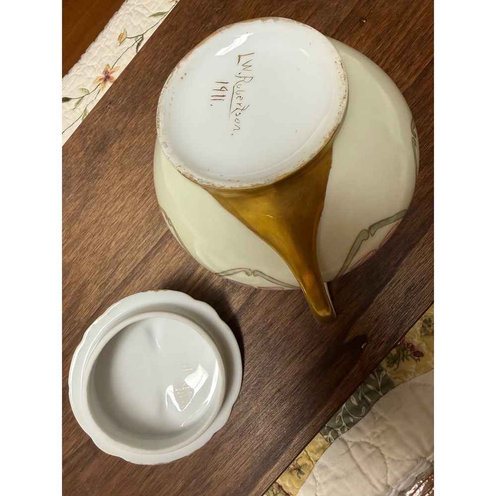 Antique 1911 Hand Painted Art Nouveau Porcelain Sugar Bowl L.W. Robertson Gold - Picture 3 of 6